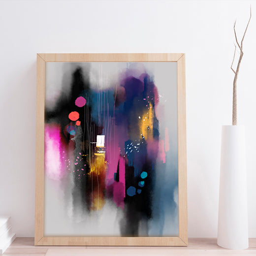 pink, black, and blue abstract art framed