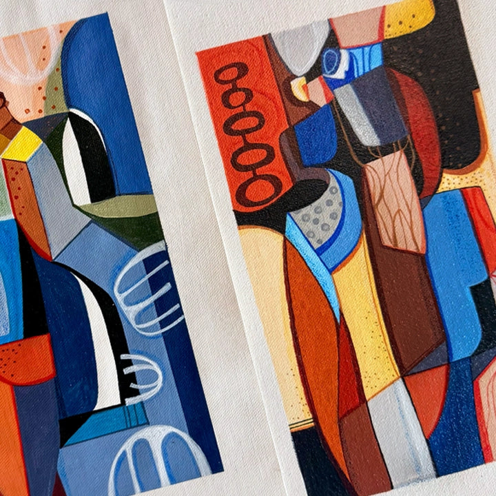 Framed original Cubist painting titled Autumn Among Us by SoulCurryArt, featuring vibrant autumn colors and abstract geometric design.