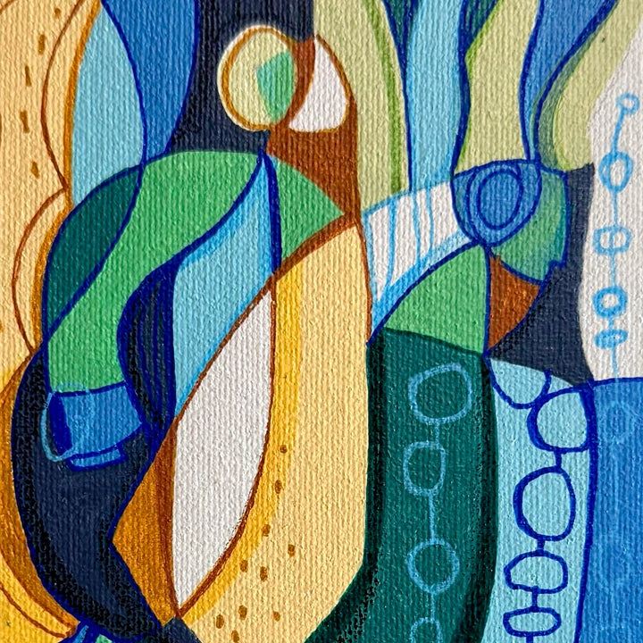 Framed original cubist painting "We Are The Forest" by SoulCurryArt depicting an abstract forest scene with vibrant geometric shapes.