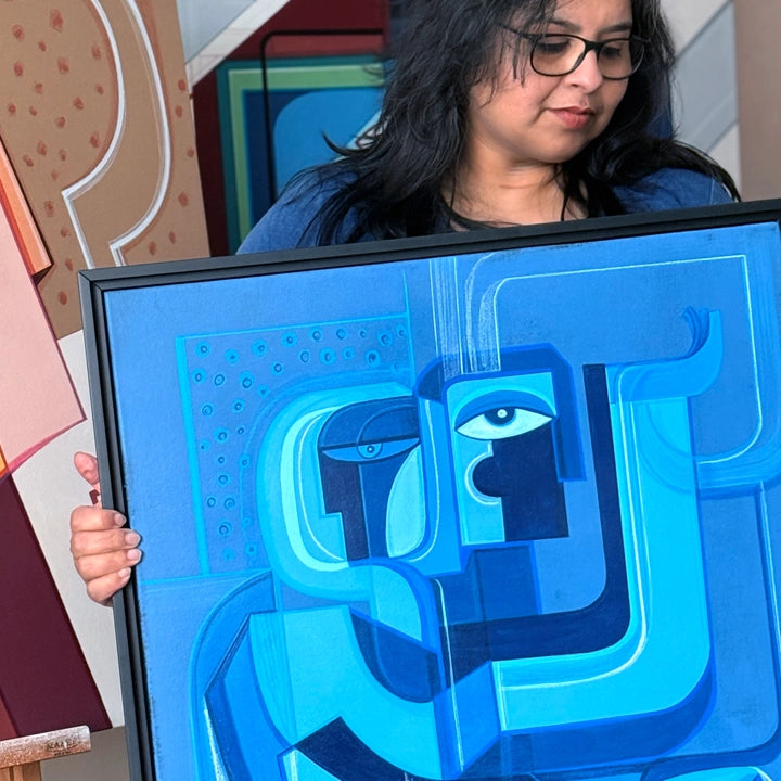 Azure Mosaic original art piece by SoulCurryArt featuring a vibrant, abstract mosaic design with shades of blue and teal.