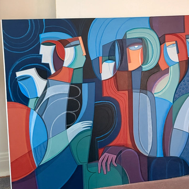 Cubist original painting titled "Dancers In The Moonlight" by SoulCurryArt, featuring abstract dancers under moonlight in vibrant colors.