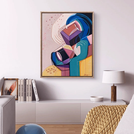 Original art piece titled "Embraced" by SoulCurryArt, featuring a vibrant, abstract painting with bold colors and dynamic brushstrokes.