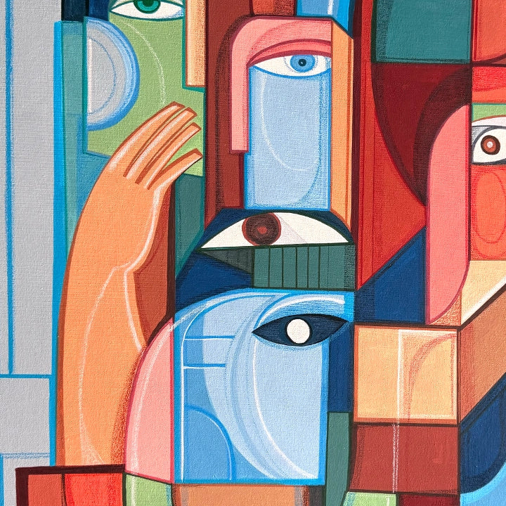 Abstract original art piece titled Inner Geometry by SoulCurryArt, featuring vibrant geometric shapes and intricate patterns.