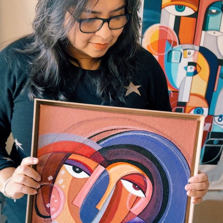 Original art piece titled Infinite Vision by SoulCurryArt, featuring vibrant abstract design with swirling colors and dynamic shapes.