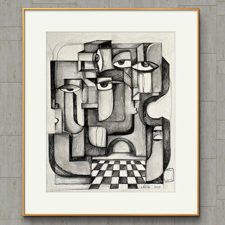 Original art print titled "Resonance in Noir" by SoulCurryArt, featuring abstract black and white brushstrokes on a 16x20 canvas.