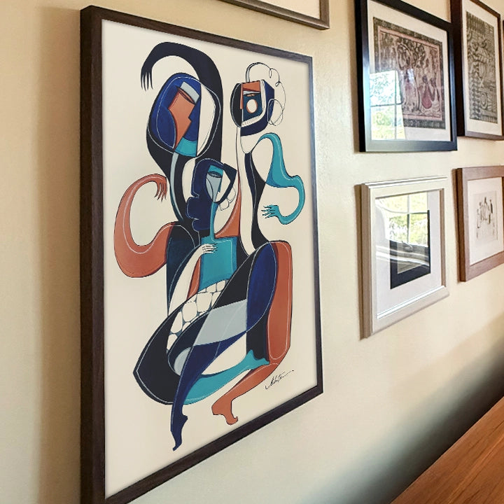 Original art piece titled Triadic Dance Forms In Motion by SoulCurryArt, featuring vibrant abstract dance-inspired shapes.