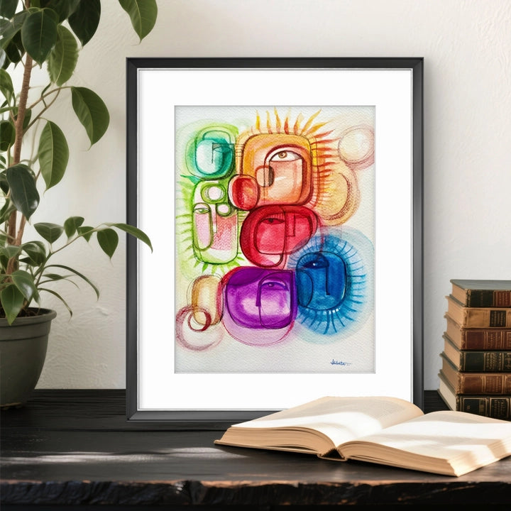 Original art print titled "Refractions on the Lake" by SoulCurryArt, showcasing vibrant lake reflections in a natural landscape scene.