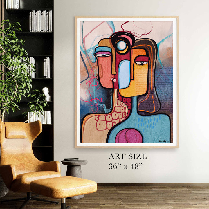 Abstract art print titled "In Between Stories" by SoulCurryArt, featuring modern, intimate wall décor with bold, expressive brushstrokes.