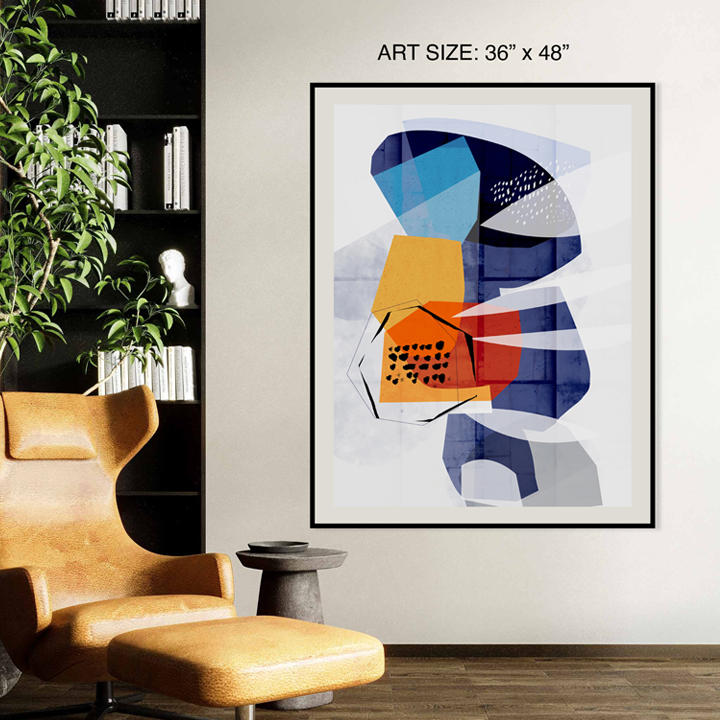 Colorful abstract print titled "Stratas" by SoulCurryArt, measuring 36x48 inches, featuring layered geometric patterns.
