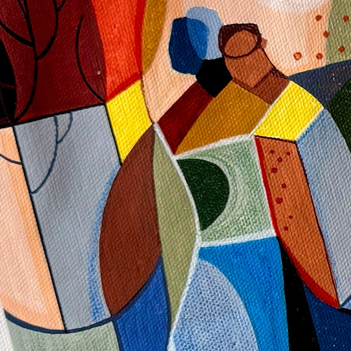 Close-up of "Presence Among The Groves" framed cubist original art by SoulCurryArt, featuring abstract forest scene in vibrant colors.