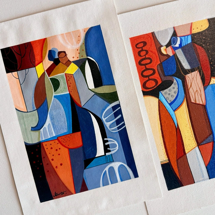 Framed original Cubist painting "Presence Among The Groves" by SoulCurryArt, showcasing vibrant abstract forest scene.