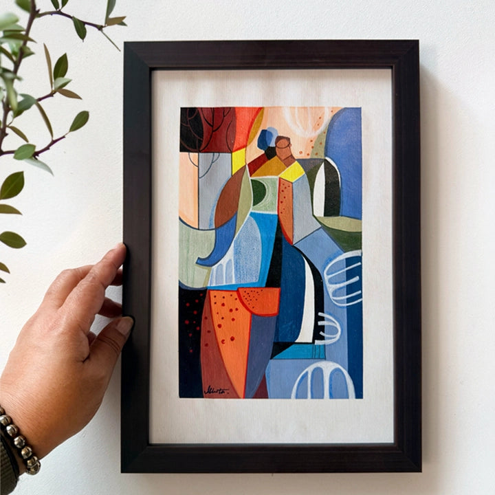 Framed Cubist painting "Presence Among The Groves" by SoulCurryArt showcasing abstract forest scene in vibrant colors.