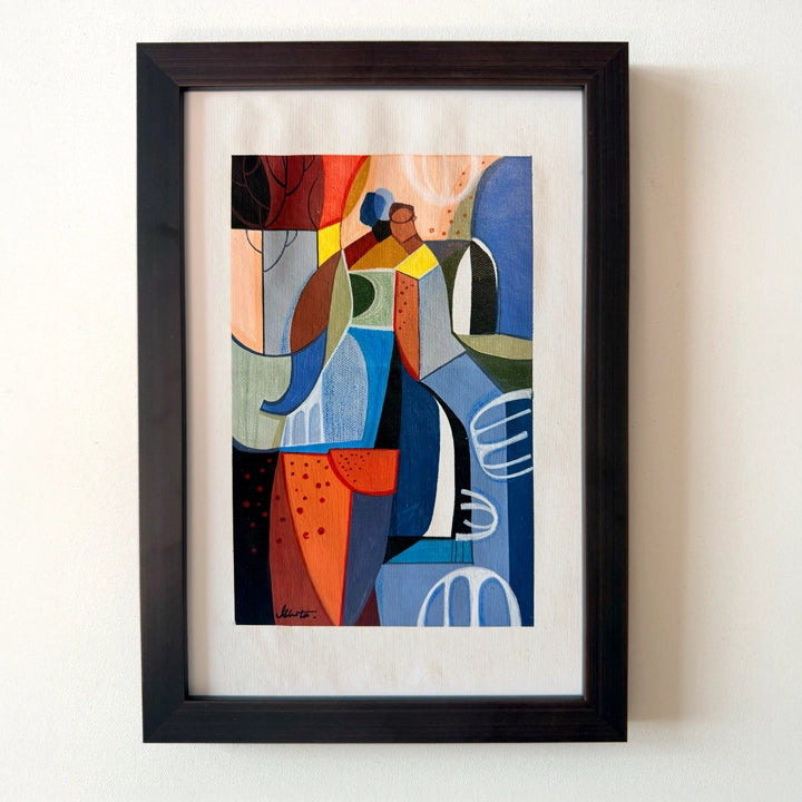 Framed cubist painting titled "Presence Among The Groves" by SoulCurryArt, featuring vibrant, abstract forest scene artwork.