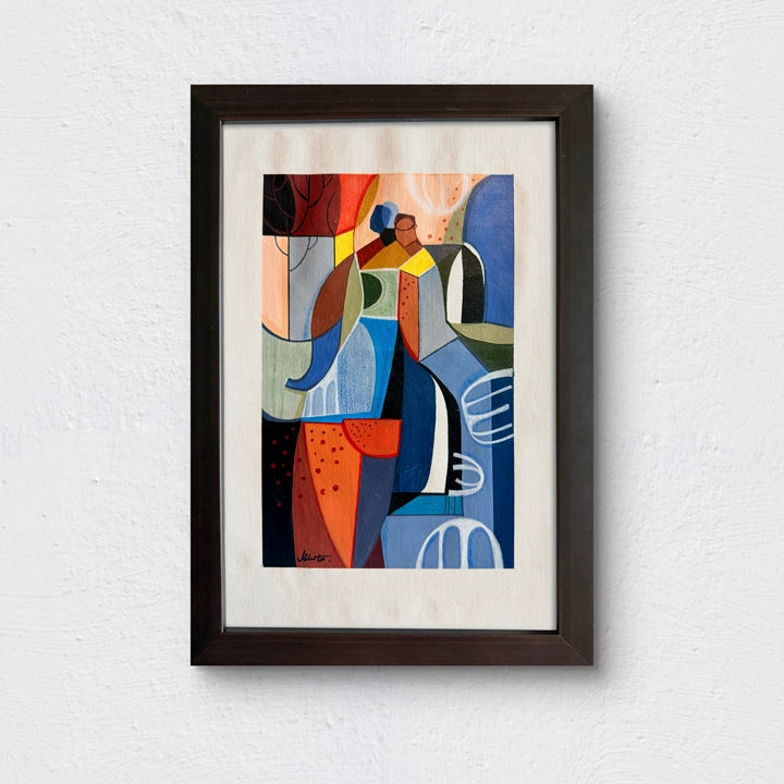 Framed original cubist painting "Presence Among The Groves" by SoulCurryArt, featuring abstract forest scene with vibrant colors.