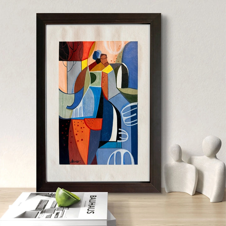 Framed Cubist painting "Presence Among The Groves" by SoulCurryArt, showcasing vibrant abstract trees and natural scenery.