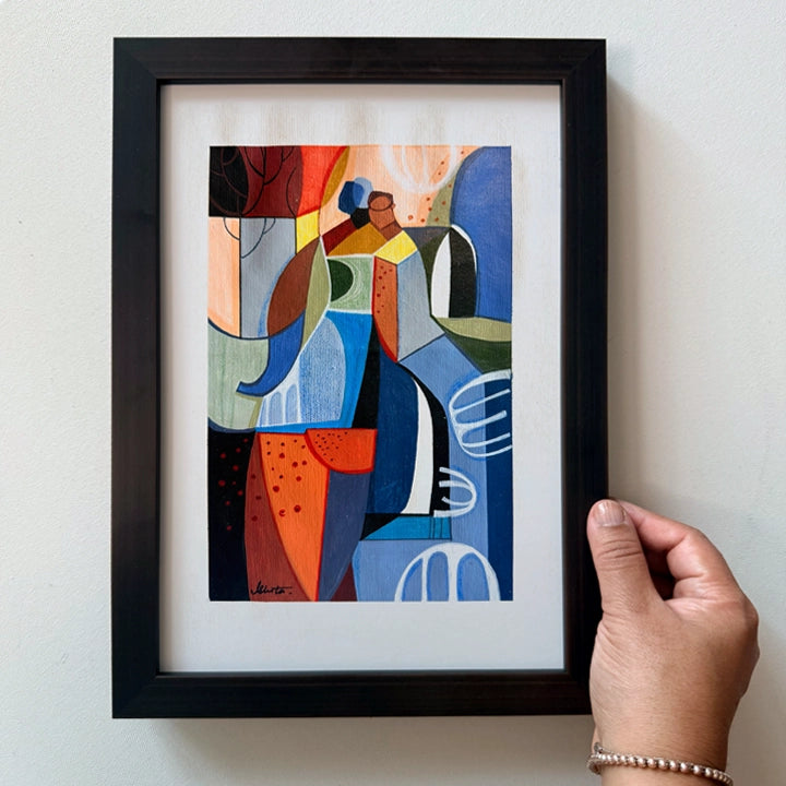 Framed Cubist painting titled Presence Among The Groves by SoulCurryArt, featuring abstract trees and vibrant colors.