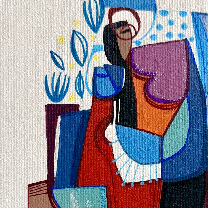 Close-up of SoulCurryArt's framed original Cubist painting titled Remains Of A Season, featuring abstract geometric art details.