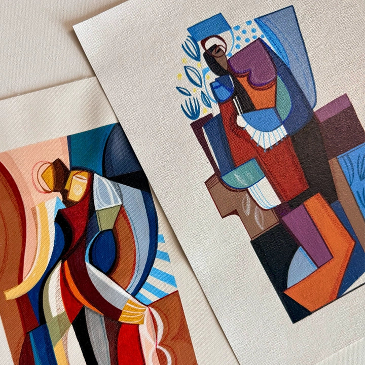 Framed Cubist painting titled "Remains Of A Season" by SoulCurryArt, featuring abstract seasonal imagery in vibrant colors.