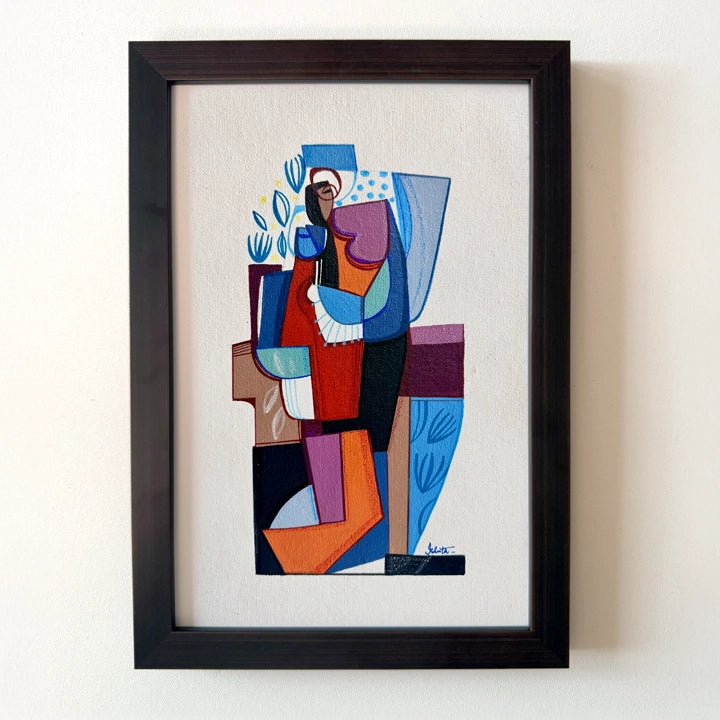 Framed original cubist painting titled "Remains Of A Season" by SoulCurryArt, featuring abstract shapes and bold colors.