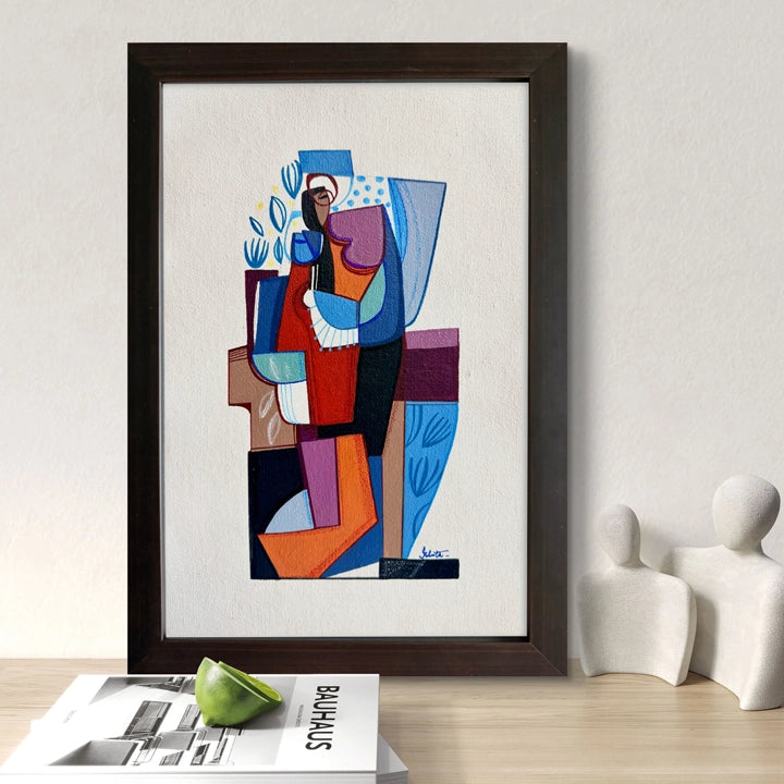 Framed original Cubist painting titled "Remains Of A Season" by SoulCurryArt, showcasing abstract seasonal imagery in vibrant colors.