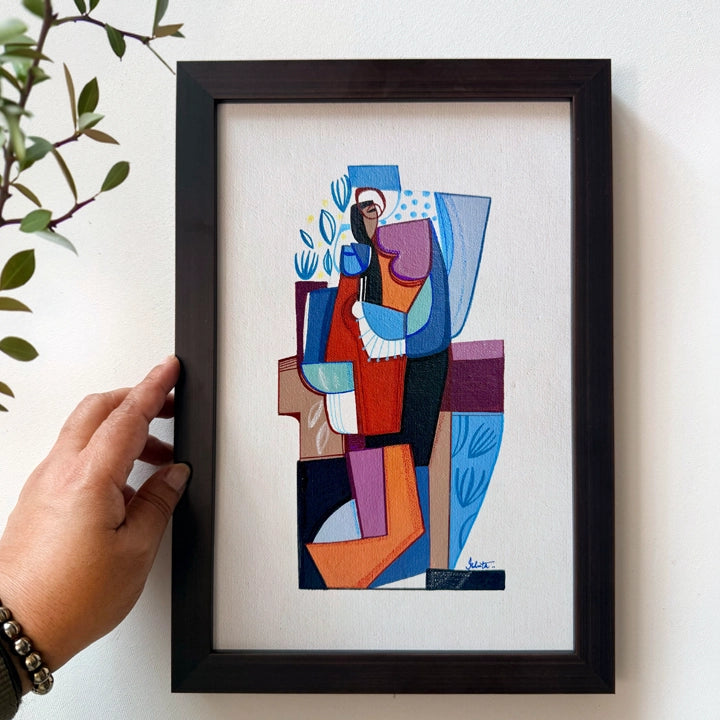 Framed original Cubist painting titled "Remains Of A Season" by SoulCurryArt, featuring abstract geometric shapes and earthy tones.