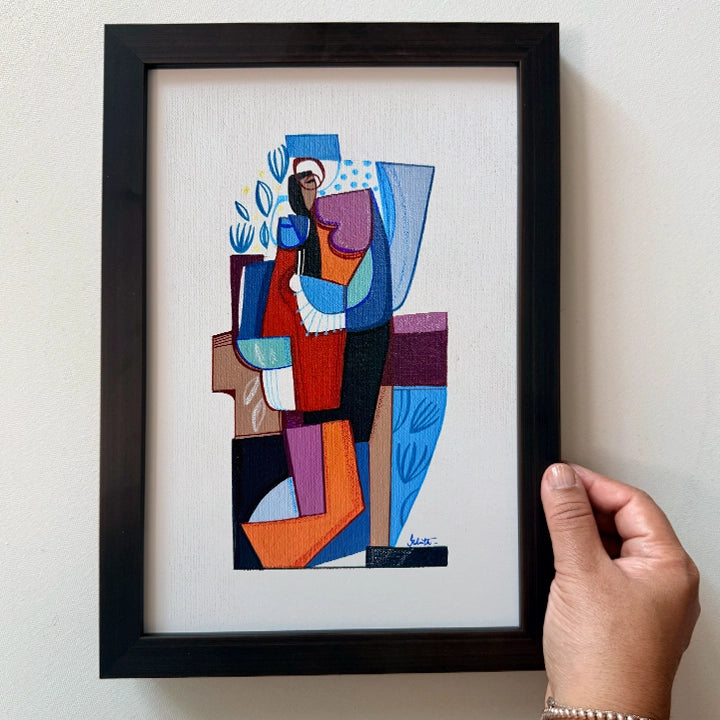 Framed Cubist original art titled "Remains Of A Season" by SoulCurryArt, featuring abstract shapes and vibrant colors on canvas.