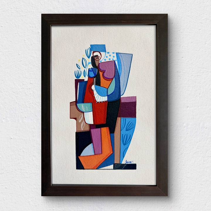 Framed Cubist painting titled "Remains Of A Season" by SoulCurryArt, featuring abstract seasonal imagery on canvas.