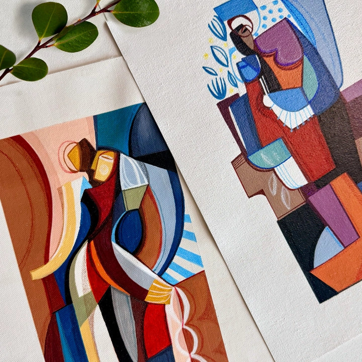 Framed original Cubist painting titled "We Are The Light" by SoulCurryArt, featuring abstract autumn-inspired artwork.