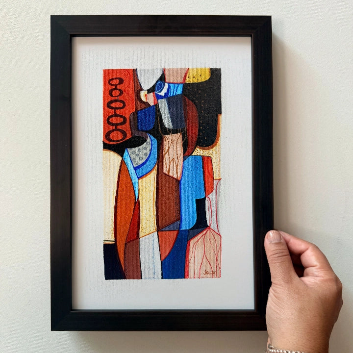 Framed Cubist Autumn Among Us original art by SoulCurryArt featuring vibrant fall colors and abstract geometric design.