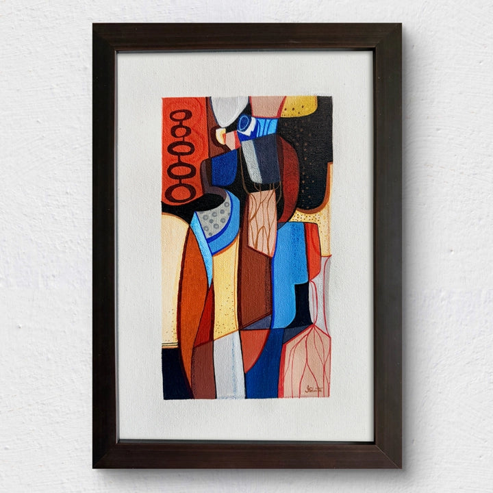 Framed original Cubist painting "Autumn Among Us" by SoulCurryArt, featuring vibrant autumn colors and abstract geometric shapes.