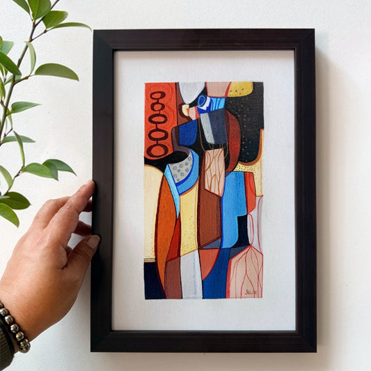 Cubist-style framed original art titled "Autumn Among Us" by SoulCurryArt, featuring vibrant autumn colors and abstract shapes.