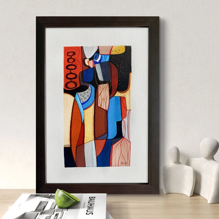 Framed Cubist painting titled "Autumn Among Us" by SoulCurryArt, featuring vibrant autumn colors and abstract geometric shapes.