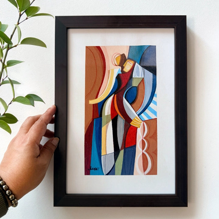 Framed Cubist painting titled "We Are The Light" by SoulCurryArt, featuring abstract, colorful geometric shapes on canvas.