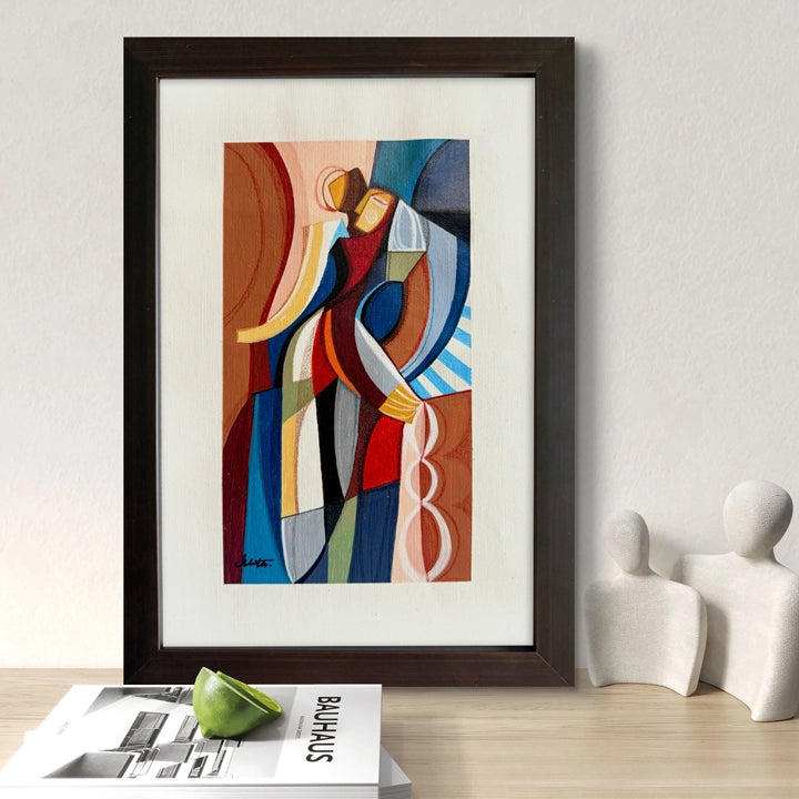 Framed Cubist painting titled "We Are The Light" by SoulCurryArt, featuring vibrant abstract geometric shapes on canvas.