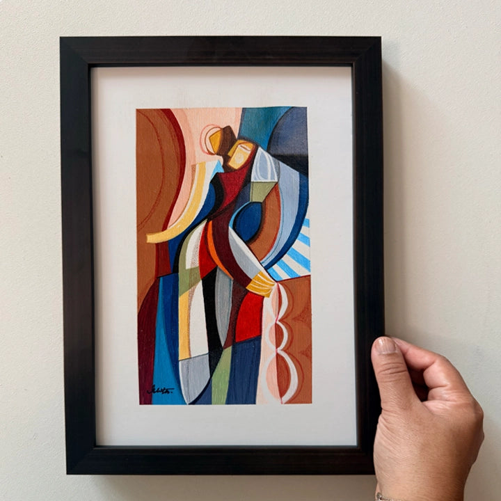 Cubist framed original art titled "We Are The Light" by SoulCurryArt, featuring vibrant colors and abstract geometric shapes.