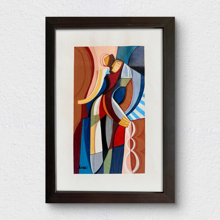 Framed Cubist painting titled "We Are The Light" by SoulCurryArt, showcasing vibrant abstract geometric art in a stylish frame.