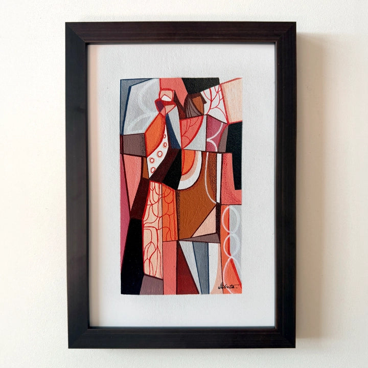 Framed Cubist painting titled "We Belong To Earth" by SoulCurryArt, featuring abstract Earth imagery in bold, geometric shapes.
