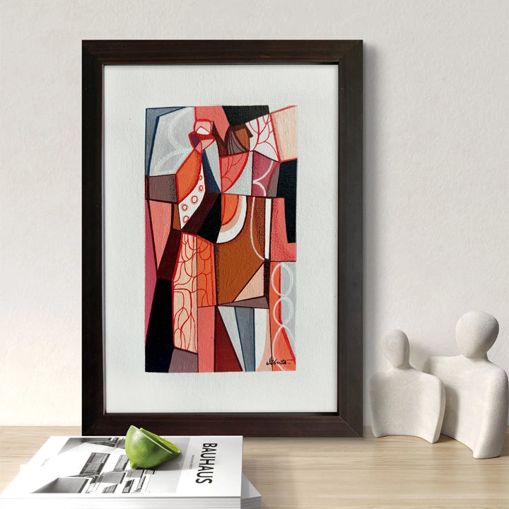 Framed original Cubist painting titled "We Belong To Earth" by SoulCurryArt, featuring abstract earthy tones and geometric shapes.