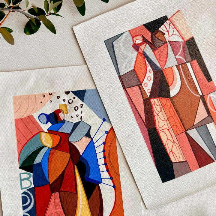 Framed original Cubist painting titled "We Belong To Earth" by SoulCurryArt, featuring abstract Earth imagery on canvas.