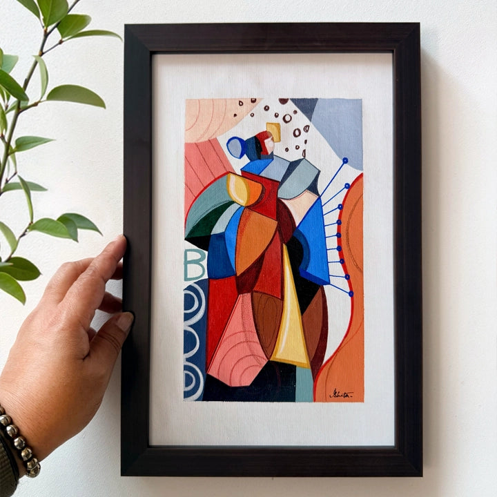 Framed original Cubist painting titled "We Are Celestial Beings" by SoulCurryArt, featuring vibrant celestial and abstract elements.