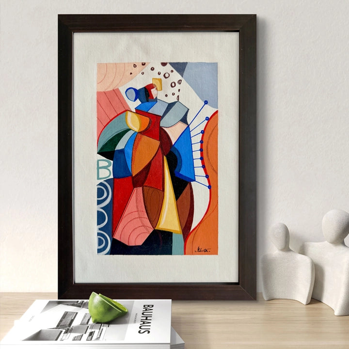 Framed original Cubist painting titled "We Are Celestial Beings" by SoulCurryArt, featuring abstract celestial figures on canvas.