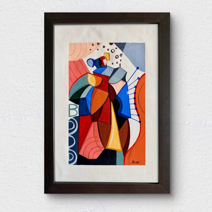 Framed Cubist painting titled "We Are Celestial Beings" by SoulCurryArt, featuring cosmic-inspired abstract art on canvas.