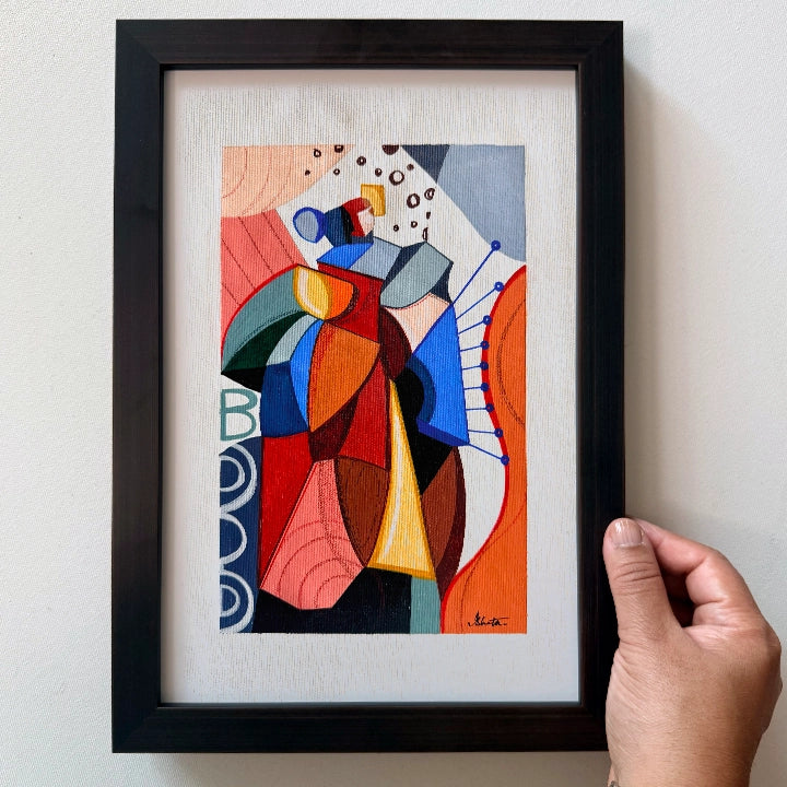 Framed original cubist painting titled "We Are Celestial Beings" by SoulCurryArt, featuring abstract celestial figures in vibrant colors.