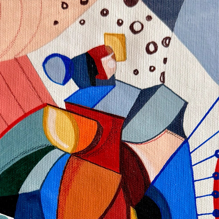 Framed original cubist painting titled "We Are Celestial Beings" by SoulCurryArt, featuring vibrant cosmic-inspired artwork.