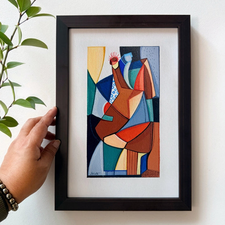 Cubist framed original art titled "Between Mountains And Valleys" by SoulCurryArt, showcasing a stylized mountain and valley landscape.