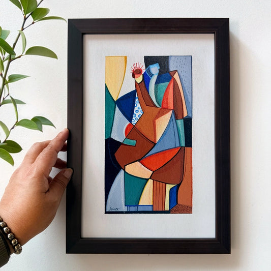Cubist framed original art titled "Between Mountains And Valleys" by SoulCurryArt, showcasing a stylized mountain and valley landscape.