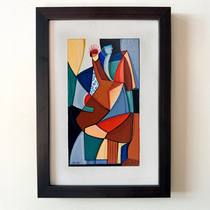 Framed original Cubist painting "Between Mountains And Valleys" by SoulCurryArt, showcasing vibrant geometric mountain and valley landscape.