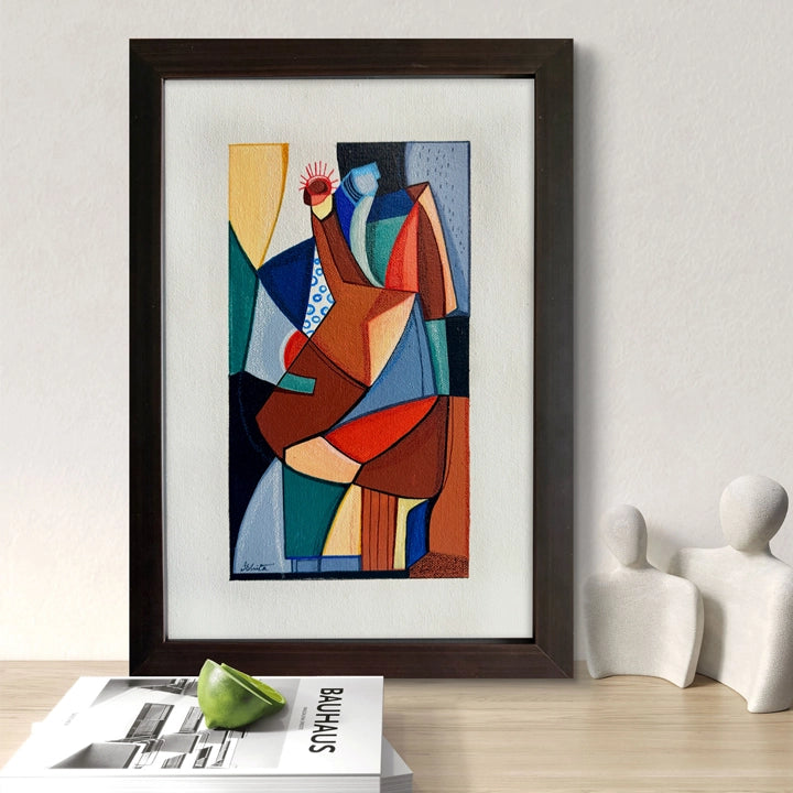 Framed Cubist original art by SoulCurryArt depicting geometric mountains and valleys in vibrant, abstract landscape design.