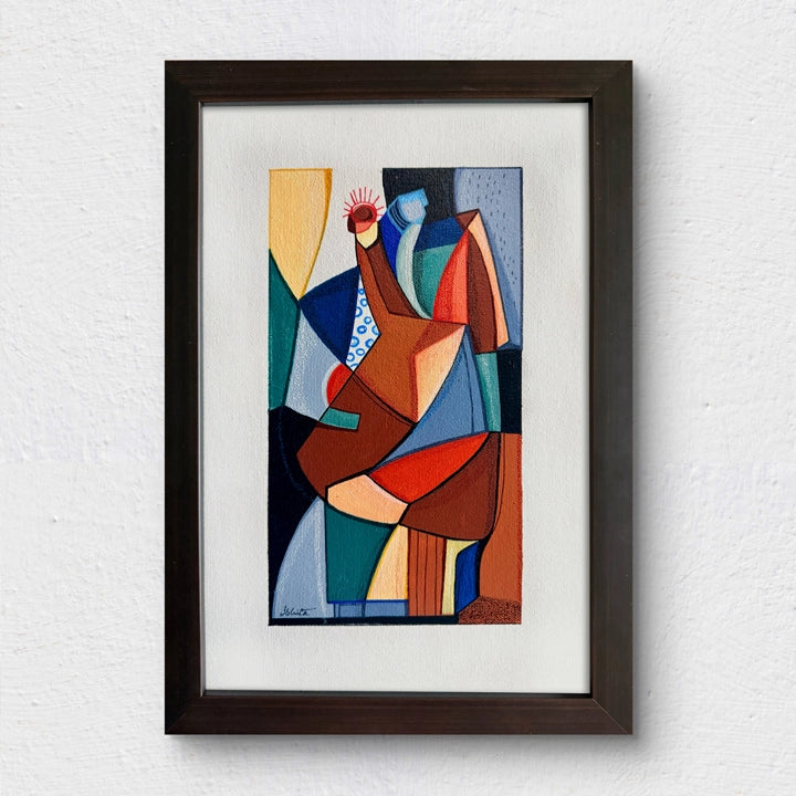 Framed Cubist original art titled "Between Mountains And Valleys" by SoulCurryArt depicting abstract mountain and valley scenery.