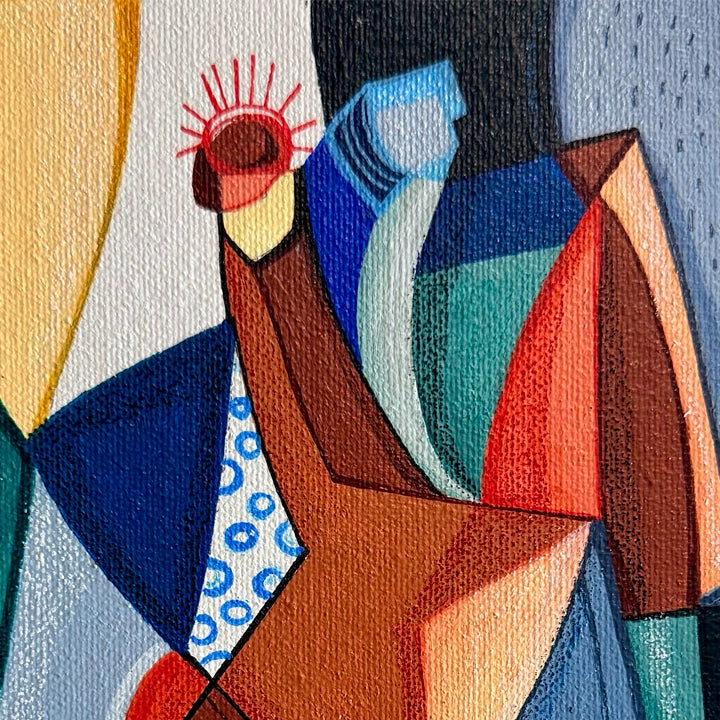 Framed Cubist original art by SoulCurryArt depicting abstract mountains and valleys with geometric shapes and vibrant colors.